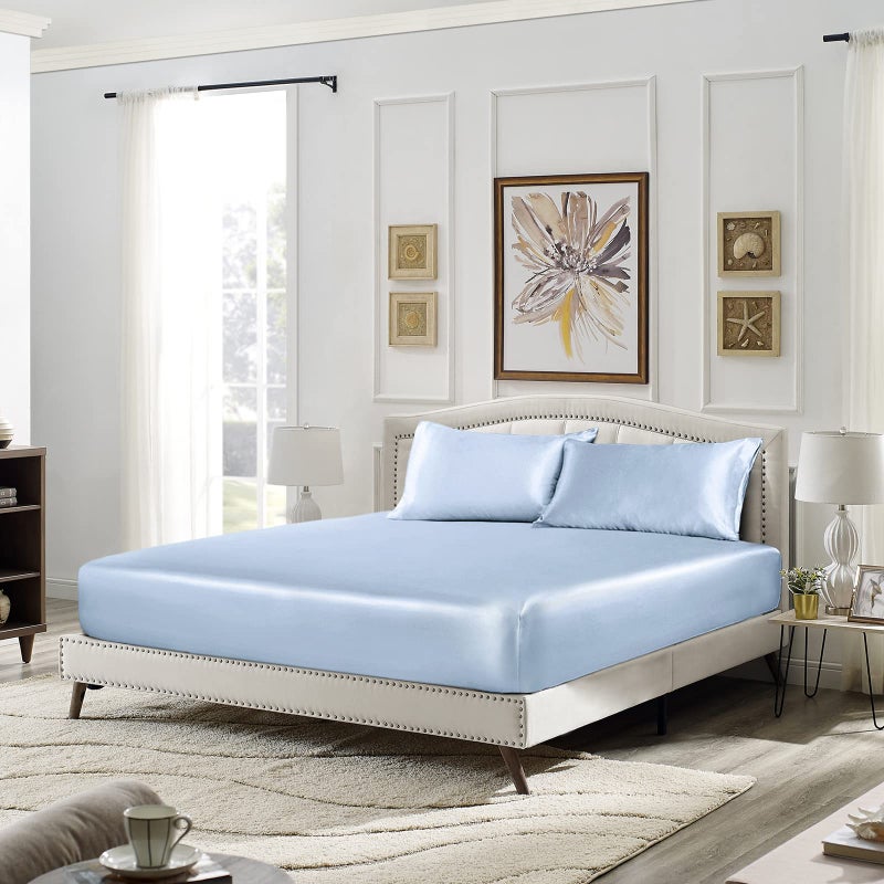 SiinvdaBZX 3-Piece Set Satin Twin Fitted Sheet & 2 Pillowcase  Baby Blue Silky Soft Fitted Bottom Sheet  Wrinkle Free  Fade Resistant  Deep Pocket Bed Sheet (Deep Up to 15"") - Image 2